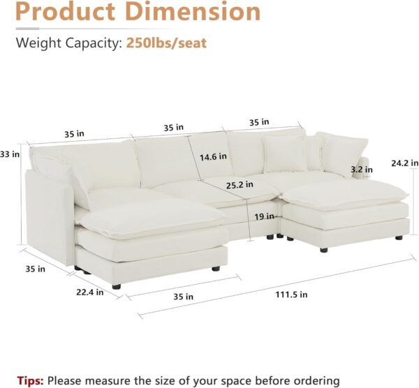 mikibama Modular Sectional Sofa, 111.5 Inch U Shaped Couch Set for Living Room, 3-Seater Comfy Cloud Couches with Movable Ottoman, DIY Combination, Chenille, Beige - Image 2