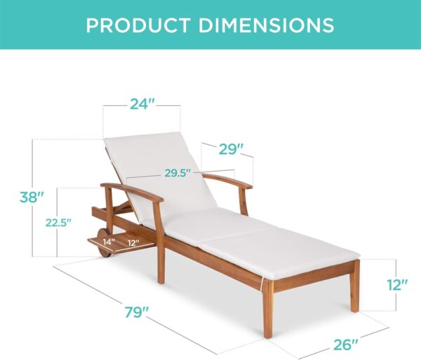 Best Choice Products 79x26in Acacia Wood Chaise Lounge Chair Recliner, Outdoor Furniture for Patio, Poolside w/Slide-Out Side Table, Foam-Padded Cushion, Adjustable Backrest, Wheels - Cream - Image 3