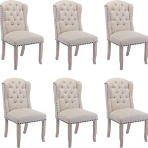 HEAH-YO Modern Dining Chairs Set of 6, Upholstered Kitchen Chairs with Backrests and Wood Legs, Tufted Linen Fabric Dining Room Chairs for Kitchen, Beige