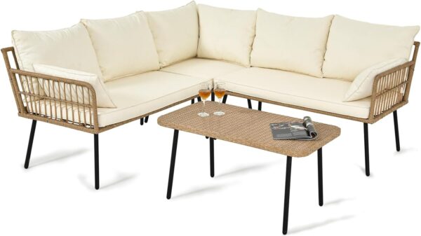 YITAHOME 4 Pieces Patio Furniture Set, Outdoor Rattan Woven Conversation Sectional L-Shaped Sofa with 5 Seater for Backyard, Porch, Boho Detachable Lounger with Cushions and Side Table - Beige - Image 7