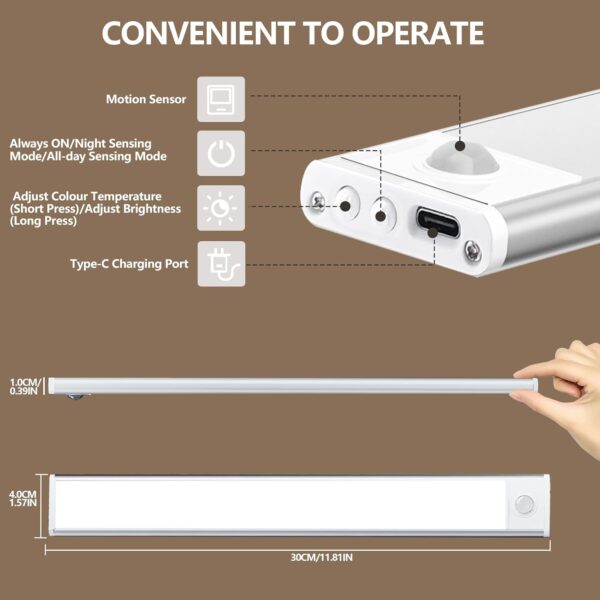 Under Cabinet Lighting, 54 LED 12in Long Rechargeable Under Cabinet Lights, Dimmable Wireless Motion Sensor Lights with 3 Color Temperature for Kitchen/Bedroom/Corridor/Stairs (2 PCS) - Image 7