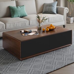 POVISON Modern Coffee Table for Living Room, 51 inch Square Coffee Table with Storage, 4-Drawers Wood Coffee Table, Full-Assembled, Walnut and Black