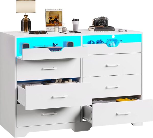 Hasuit 6 Drawers Dresser with LED Lights for Bedroom, Modern Double Dresser with 2 Pull-Out Trays, White Chest of Drawers Bedroom Storage Organizer, Dimensions 15.6" D x 42.6" W x 30.1" H - Image 7