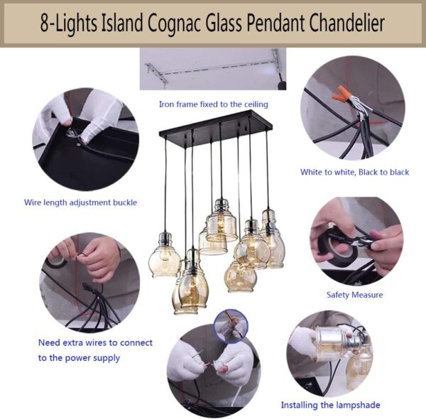FM-24 Vintage 8-Lights Island Cognac Glass Cluster Pendant Chandelier Antique Black Finish Glass Ceiling Lights for Dining Room, Cafe, Bar - Image 7