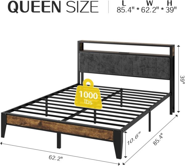 OLEVS Queen Bed Frame with Headboard, Metal Platform Bed Queen Size with 2-Tier Storage, LED Light & Charging Station Type C, No Box Spring Needed - Image 2