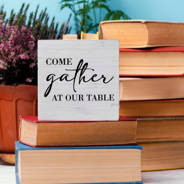 Kitchen Sign Kitchen Decor Desk Decor Wooden Box Sign Housewarming Gift Rustic Wood Block Plaque Box Sign for Home Farmhouse Kitchen Dining Room Shelf Table Decoration Come Gather At Our Table Sign - Image 5