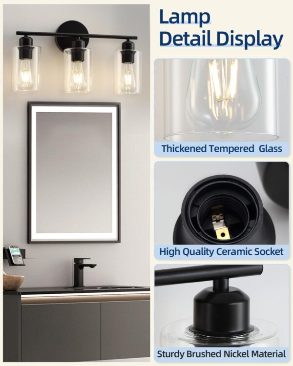 3 Light Bathroom Vanity Light, Black Vanity Lights for Bathroom, Modern Bathroom Light Fixtures Over Mirror with Clear Glass Shade, Wall Sconce Lighting for Bedroom Living Room Hallway - Image 6