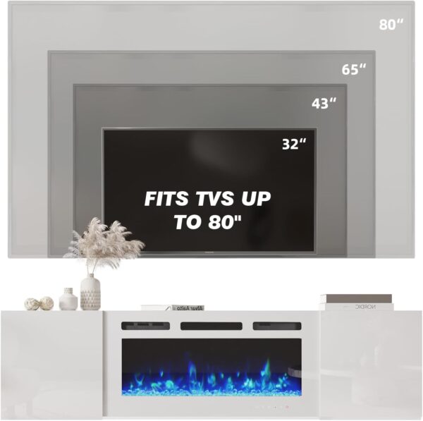 EROMMY 70'' Floating TV Stand with 36'' Electric Fireplace, High Gloss Finish Entertainment Center with 12 Flame Fireplace Insert Heater, Fireplace TV Console for TVs up to 80'' for Living Room, White - Image 7