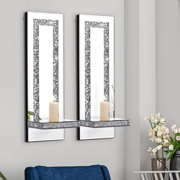 Crystal Crush Diamond Mirrored Candle Sconces, Silver Wall Candle Holder Set of 2, Wall Decorations for Living Room，Dining Room (Rectangle Stripe (Style 4)) - Image 5