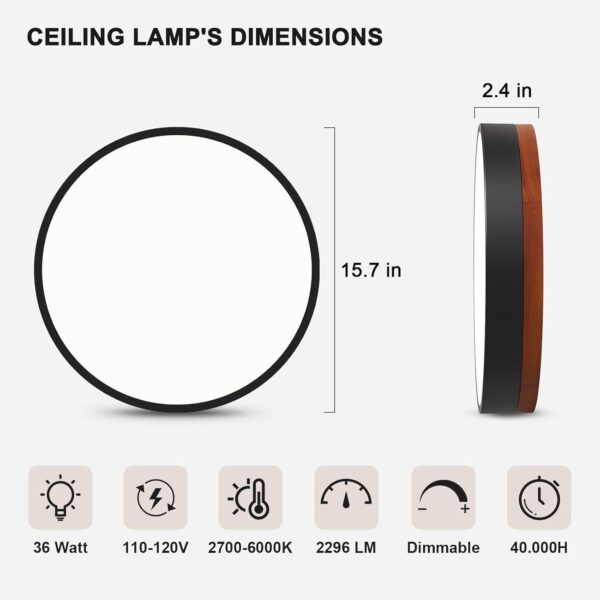 LED Ceiling Light Dimmable, Black and Wood Flush Mount Ceiling Light Fixture 5CCT in One, Minimalist Round Ceiling Lamp Modern Lighting for Kitchen, Bedroom, Hallway, Living Room, 15.7 Inch - Image 6