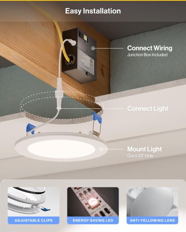 Sunco 4 Pack 6 Inch Ultra Thin LED Recessed Ceiling Lights with Night Light, 1500 LM, Selectable CCT 2700K/3000K/4000K/5000K/6000K, Dimmable, 15W, Canless with Junction Box - Image 4