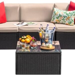 Devoko Patio Furniture Sets 6 Pieces Outdoor Sectional Rattan Sofa Manual Weaving Wicker Patio Conversation Set with Glass Table and Cushion (Beige)