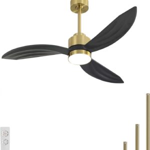 64" Wood Ceiling Fan with Lights and Remote Control, 3 Blades 6-Speed Dimmable Light Reversible DC Motor Ceiling Fan for Kitchen Bedroom Dining Living Room, Black Wood Blades with Gold