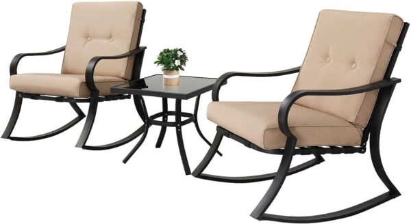 Oakmont Outdoor Furniture 3 Piece Conversation Bistro Set Rocking Chairs and Glass Top Table, Thick Cushions, Black Steel (Brown)