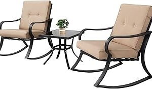 Oakmont Outdoor Furniture 3 Piece Conversation Bistro Set Rocking Chairs and Glass Top Table, Thick Cushions, Black Steel (Brown)