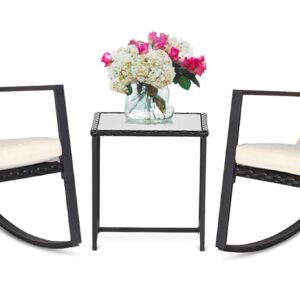 SUNCROWN 3 Piece Outdoor Rocking Bistro Set Black Wicker Furniture Porch Chairs Conversation Sets with Glass Coffee Table, Beige