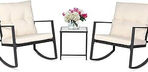SUNCROWN 3 Piece Outdoor Rocking Bistro Set Black Wicker Furniture Porch Chairs Conversation Sets with Glass Coffee Table, Beige
