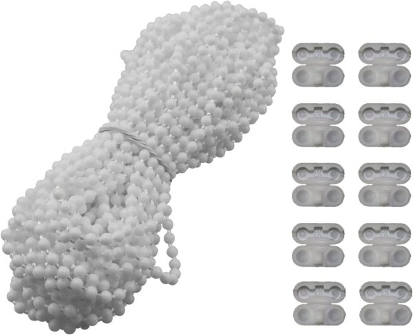 MEETOOT Blinds Pull Bead Chain Repairer Kit 10 Meter 10.94 Yards Plastic Roller Blind Roman Vertical Shade Beaded Chain Pull Cord Window Curtain Beads Rope with 10pcs Connectors, White