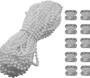 MEETOOT Blinds Pull Bead Chain Repairer Kit 10 Meter 10.94 Yards Plastic Roller Blind Roman Vertical Shade Beaded Chain Pull Cord Window Curtain Beads Rope with 10pcs Connectors, White
