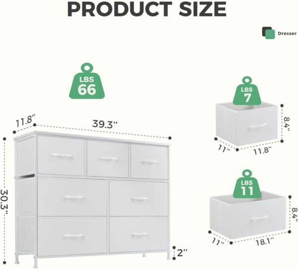 DUMOS Dresser for Bedroom with 7 Drawers, Storage Organizer Units Furniture, Chest Tower TV Stand with Fabric Bins, Metal Frame, Wooden Top for Nursery, Living Room, Kidsroom, Closet, White - Image 3