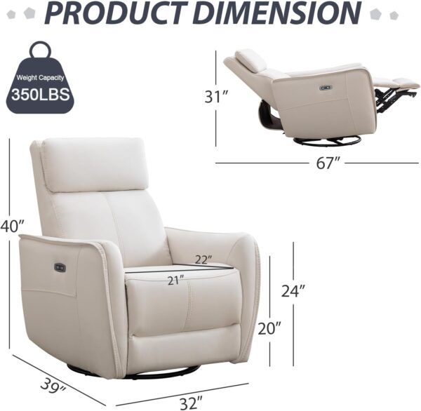 ANJ Swivel Recliner Chair, Glider Rocker Recliner for Nursery, Power Rocker Recliner Chair with USB Port, Upholstered Leathaire Electric Rocking Chair for Living Room, Bedroom, Beige - Image 2