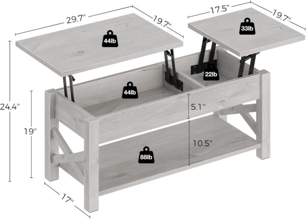 Rolanstar Coffee Table 47.2", 2 Way Lift Top Farmhouse Center Table with Hidden Compartment, Open Shelf & X Wooden Support for Living Room, Grey - Image 3