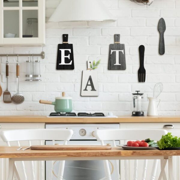 Jetec Cutting Board Eat Sign Set Hanging Art Kitchen Eat Sign Fork and Spoon Wall Decor Rustic Primitive Country Farmhouse Kitchen Decor for Kitchen and Home Decoration (Black, White, Gray) - Image 6