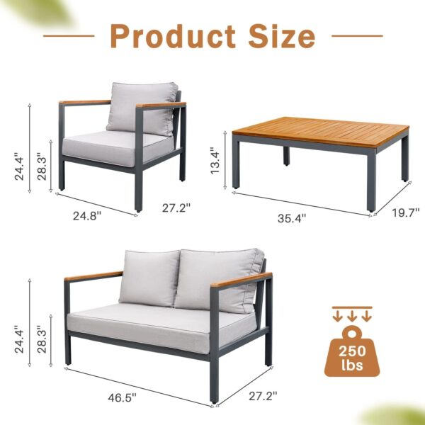 Greesum 4 Piece Furniture Patio Lounge Conversation Set Solid Wood Armrest & Table Top Anti-Drop Thick Waterproof Cushion, Beige - Image 4
