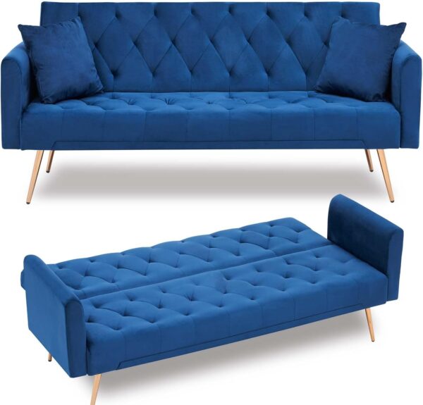 71" Convertible Folding Sleeper Sofa Couch,Modern Velvet Loveseat Sleeper with 2 Pillows, Futon Sofa Bed with Mattress and Frame for Living Room,Bedroom,Small Space (Blue)