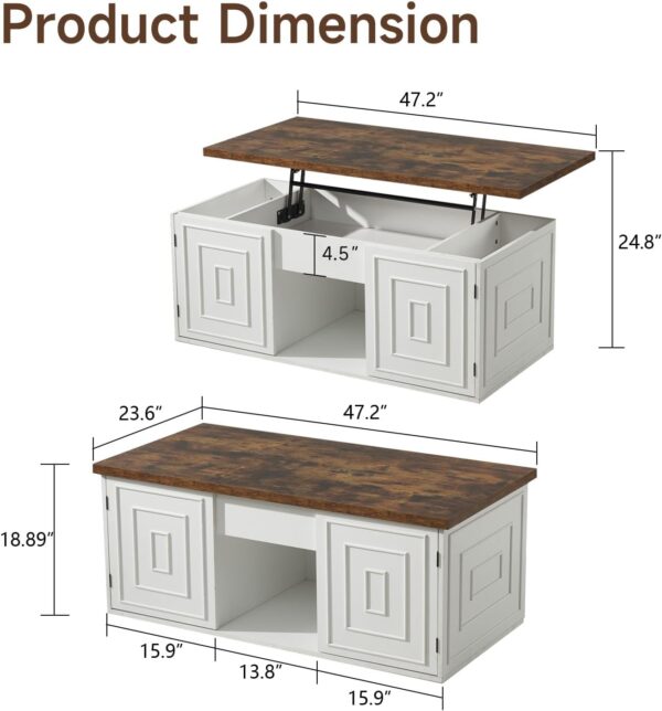 Lift Top Coffee Table with Storage, 48" Rustic Center Table with Hidden Storage Compartment and 2 Cabinet, White Coffee Table Converts to Dining Table for Living Room, Office - Image 2