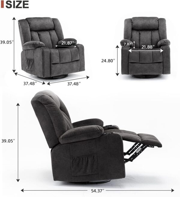 COMHOMA Recliner Chair Massage Rocker with Heated 360 Degree Swivel Lazy Boy Recliner Single Sofa Seat with Cup Holders for Living Room (Gray) - Image 2