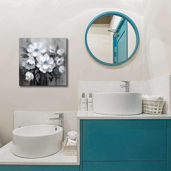 AnZhongArt Bathroom Wall Art,Flower Wall Art,Canvas Wall Art,Small wall Art Gray and White and Blue Flower Wall Art-Floral Canvas Wall Art, Bedroom Office Flower Wall Art Decoration,12x12 inches - Image 6
