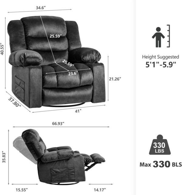 Recliner Chair Massage Rocker with Heated Modern Ergonomic Lounge Swivel Single Sofa Seat Living Room Recliners on Clearance Foam Filling Grey - Image 2