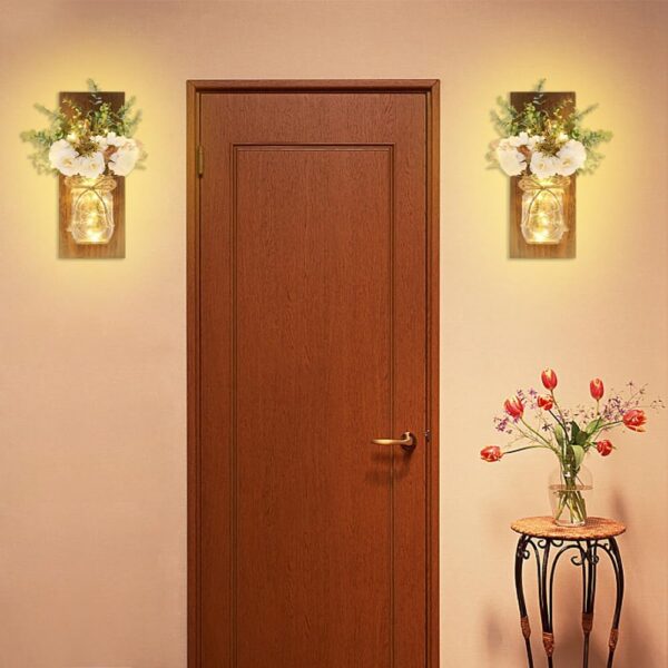 Rustic Wall Sconces Mason Jar Sconces Handmade Wall Art Hanging Design with Remote Control LED Fairy Lights and White Peony,Christmas Decor Gift Farmhouse Wall Home Decor Living Room Lights Set of Two - Image 5