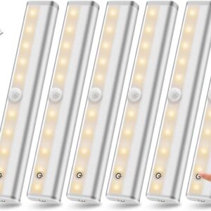 Remote Control Under Cabinet Lighting Wireless 6 Pack, 20-LED Dimmable Closet Lights Rechargeable Under Counter Light, Stick on Touch Night Light Strip Bar for Kitchen Stairway Bedroom, 3 Colors