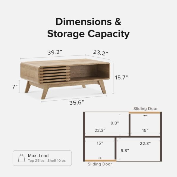 mopio Ensley Coffee Table, Mid Century Modern Table with Storage, Farmhouse Wood Coffee Table for Living Room Fluted (Oak) - Image 2