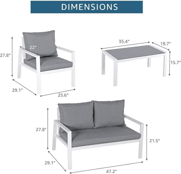 Soleil Jardin 4-Piece Aluminum Outdoor Patio Furniture, Patio Conversation Sofa Set with Removable Cushions, Tempered Glass Top Coffee Table, White Finish & Grey Cushion - Image 6