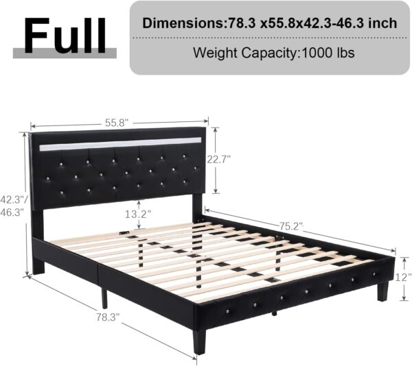 Full Size Bed Frame with LED Lights, Upholstered Platform Bed Frame with Adjustable Headboard and Charging Station, Wooden Slats Support, Easy Assembly, No Box Spring Needed, Black - Image 2