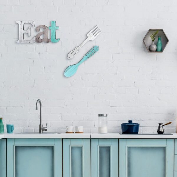 Set of EAT Sign, Fork and Spoon Wall Decor, Rustic Wood Eat Decoration, Cute Eat Letters for Kitchen and Home, Decorative Hanging Wooden Letters, Country Wall Art for Dining Room (Delicate Colors) - Image 6