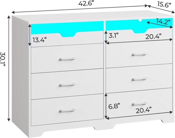 Hasuit 6 Drawers Dresser with LED Lights for Bedroom, Modern Double Dresser with 2 Pull-Out Trays, White Chest of Drawers Bedroom Storage Organizer, Dimensions 15.6" D x 42.6" W x 30.1" H - Image 2