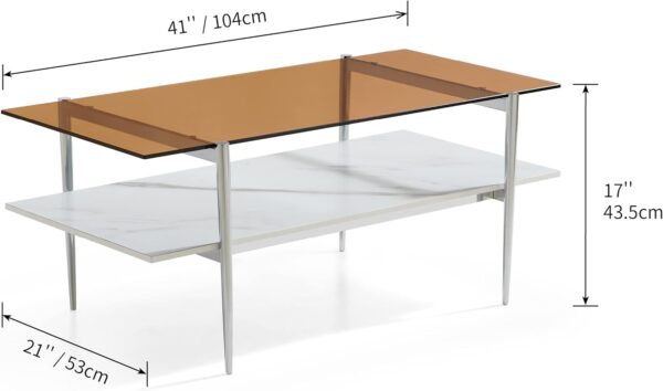 AGV 202206 Tadio Glass Coffee Table, Double Layer Glass Coffee Table for Living Space, Gold Finish Frmae, Ultra-Clear Glass & Walnut Wood Top - Image 2