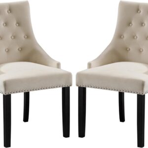 LSSPAID Velvet Dining Chairs Set of 2, Copper Nailhead Button Back Side Chair, Modern Fabric Leisure Padded Ring Chair, Mid-Century Solid Wood Upholstered Dining Room Chairs for Home Kitchen, Beige