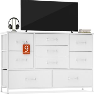Furnulem White Dresser with 9 Large Drawers for 55'' Long TV Stand Entertainment Center,Wood Shelf Storage for Bedroom,Living Room,Closet,Entryway,Sturdy Metal Frame