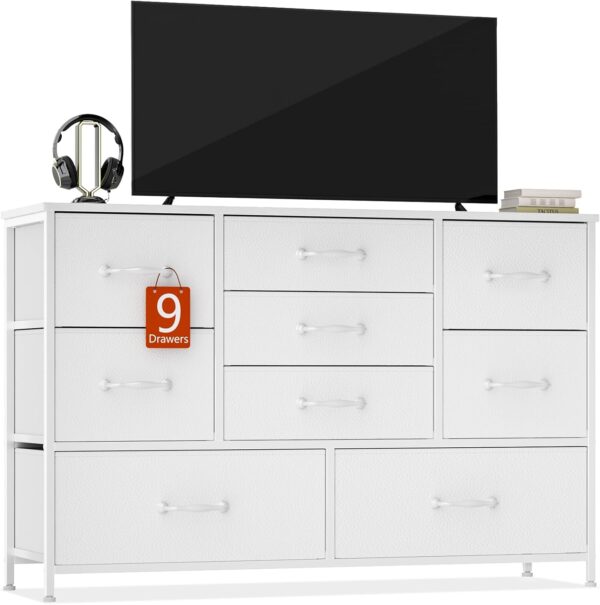 Furnulem White Dresser with 9 Large Drawers for 55'' Long TV Stand Entertainment Center,Wood Shelf Storage for Bedroom,Living Room,Closet,Entryway,Sturdy Metal Frame