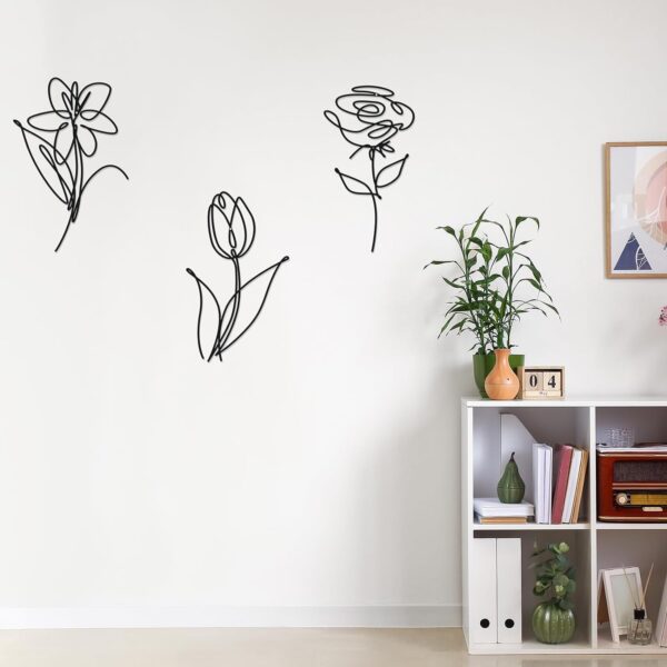 Ferraycle 3 Set of Metal Flower Wall Decor 9.84 x 5.91 Inch Mother's Day Metal Wall Ornament Art Black Minimalist Wire Signs for Bedroom Patio Balcony Bathroom Office Restaurant Shop Presents Gifts - Image 6
