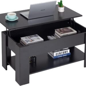FDW Lift Top Coffee Table with Hidden Compartment and Storage Shelf Wooden Lift Tabletop for Home Living Room Reception Room Office (Black)