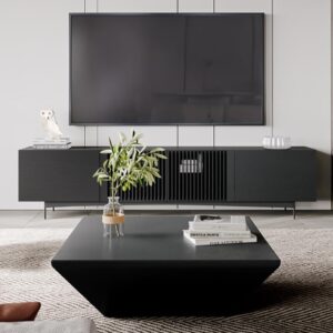 POVISON Modern Slatted TV Stand with Coffee Table,Mid-Century Solid Wood Living Room Set