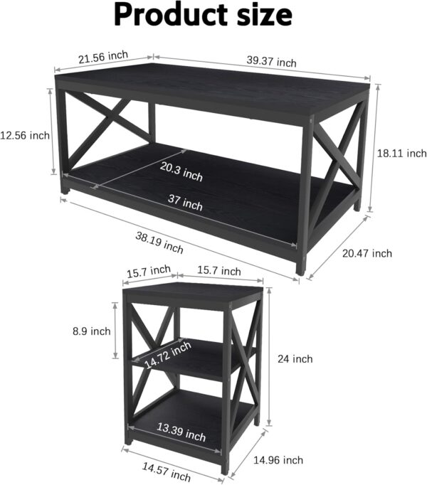 Bigbiglife Living Room Coffee Table Set of 3, Industrial X-Design Coffee Table and 2 End Side Tables, 3 Piece Living Room Table Set with Large Storage for Apartment Home (Black) - Image 3