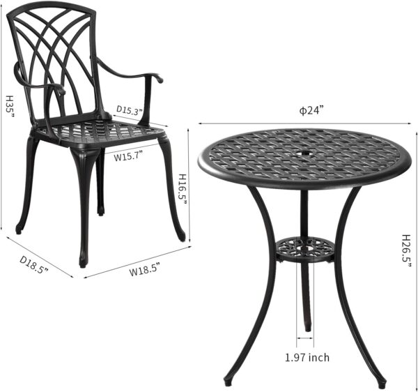 Outdoor 3 Piece Bistro Set Cast Aluminum Bistro Table and Chairs Set of 2, All Weather Bistro Patio Set, Patio Furniture for Garden Black - Image 5