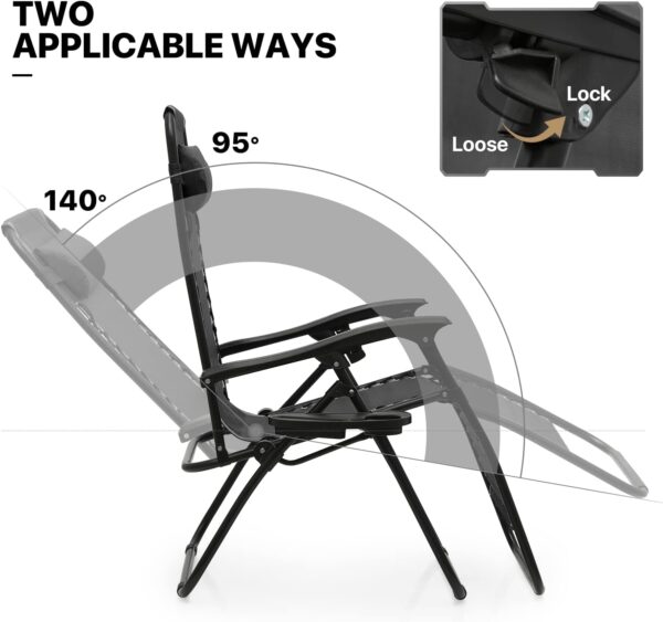 MoNiBloom Table and Patio Chairs Set of 3, Outdoor Adjustable Zero Gravity Folding Breathable Mesh Reclining Lounge Chairs with Pillow and Side Tray, 330lbs Capacity - Black - Image 6